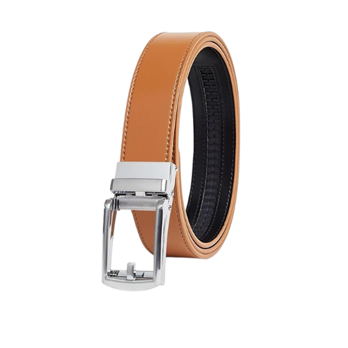 Men’s Classic Tan Reversible Leather Belt with Polished Silver Buckle